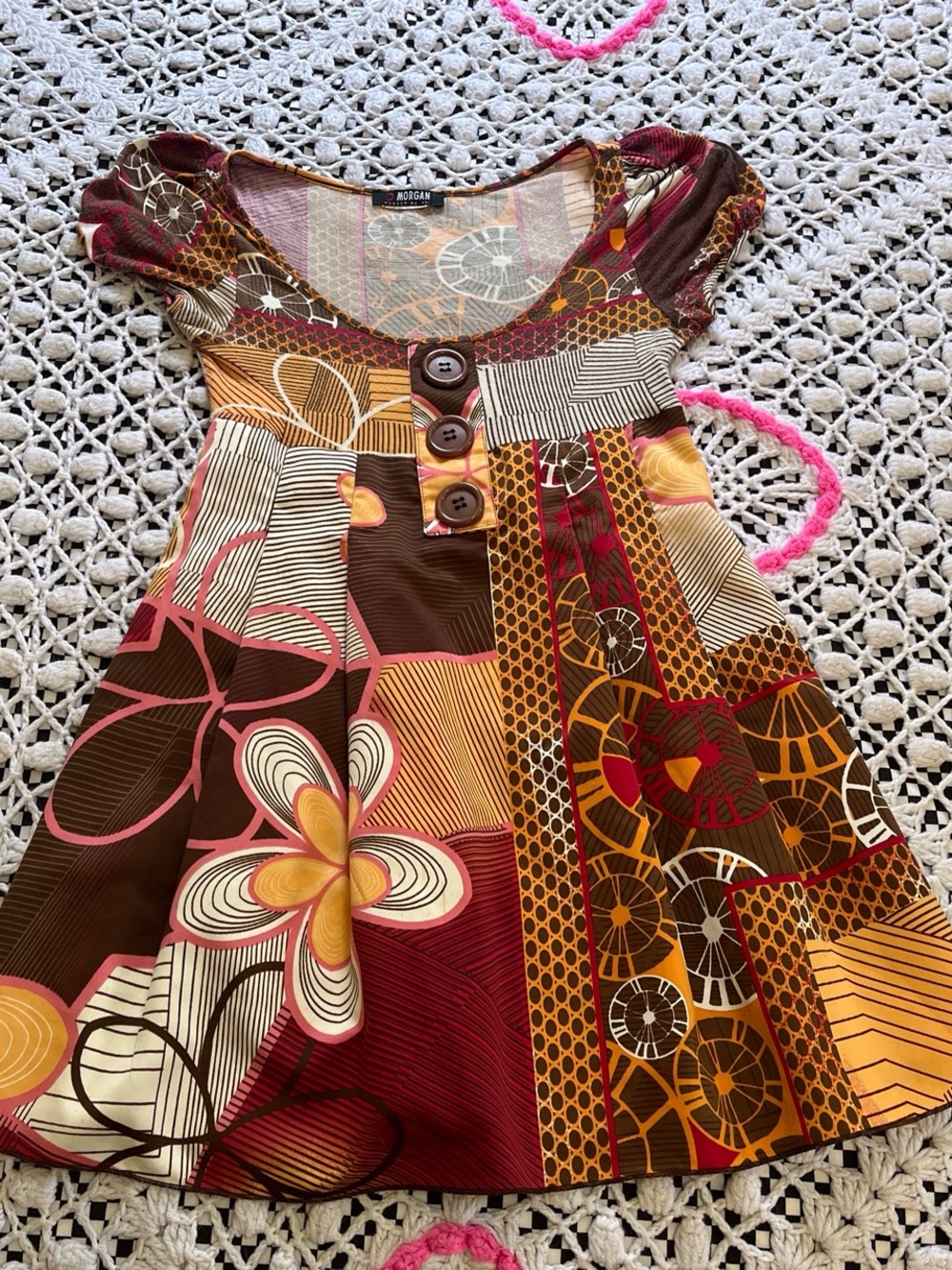 Morgan de Toi Brown, Burgundy & Gold Patchwork Floral Casual Dress no size tag